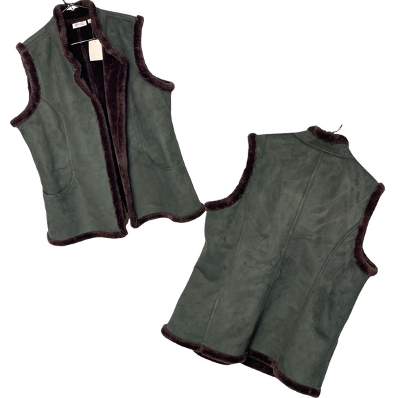 DENIM & COMPANY Green Woman’s Faux Fur Lined Vest Size XL - Picture 3 of 13